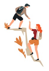 Couple climbing mountains hiking man and woman cliff