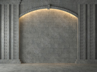 Empty Ancient wall with concrete arch 3d render.The room has concrete tile floor and wall ,Decorated with decorative patterns of concrete,There are warm light shining down to the wall.