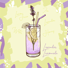 Lavender Lemonade homemade classic in glass cup with drinking straw and lemon wedge. Refreshing summer drink vector clip art illustration, doodle style drawing.