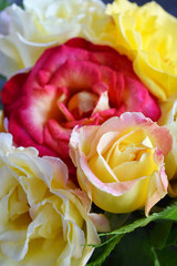 Bouquet of yellow and red roses. Flowers. Valentine or Wedding Theme. Romantic. Copy space.