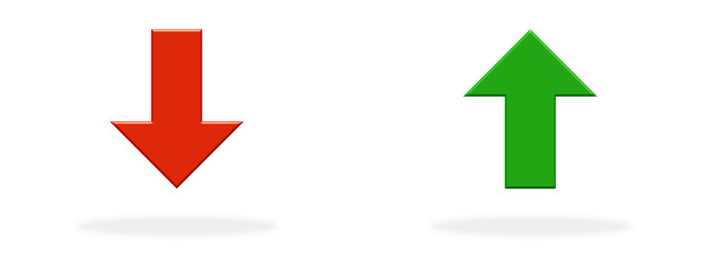 Grüner und roter Pfeil nach oben und unten als Symbol für Gewinn, Gewinner, Verlust und Verlierer
