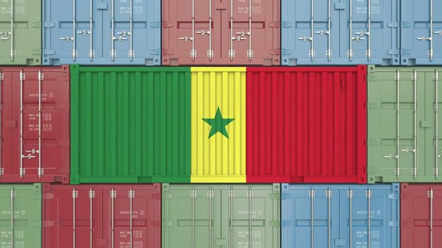 Container with flag of Senegal. Senegalese export related 3D animation