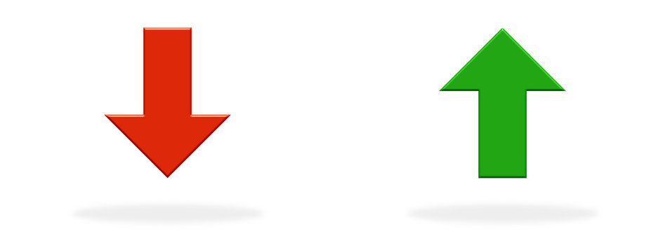 Grüner und roter Pfeil nach oben und unten als Symbol für Gewinn, Gewinner, Verlust und Verlierer