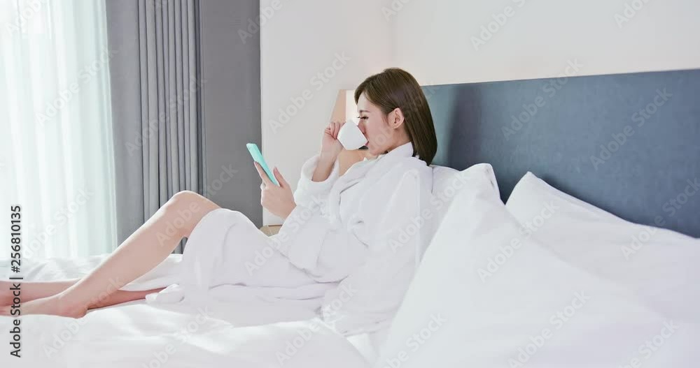 Poster woman use smartphone in morning