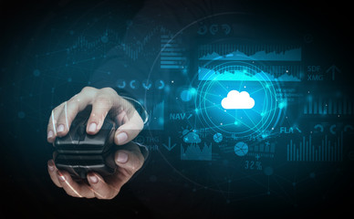 Hand using wireless mouse with cloud technology concept and dark background