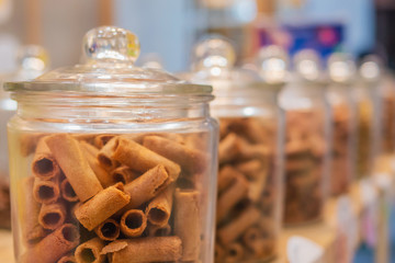 Tong Muan in glass container - a type of rolled wafer traditional Thai dessert