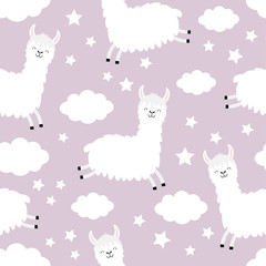 Seamless Pattern. Cloud star in the sky. Alpaca llama jumping. Cute cartoon kawaii funny smiling baby character. Wrapping paper, textile template. Nursery decoration. Violet background. Flat design