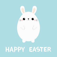 Fototapeta premium White bunny rabbit. Painting egg shape. Happy Easter. Funny head face. Big ears. Cute kawaii cartoon character. Baby greeting card Blue pastel color background. Flat design.