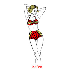 Portrait of sexy blonde retro pin up girl in red polka dot retro type of swimsuit with inscription, hand drawn outline doodle, sketch in pop art style, black and white vector illustration
