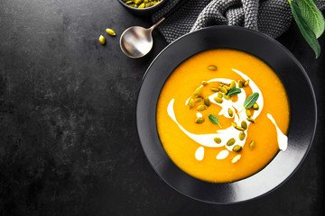 Overhead view of pumpkin cream soup