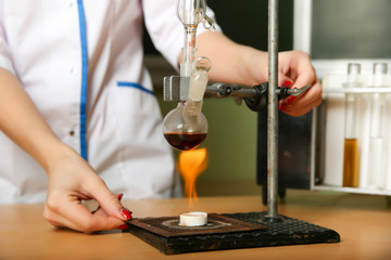 a lab technician conducts chemical experience. The hands of the chemist are holding laboratory...