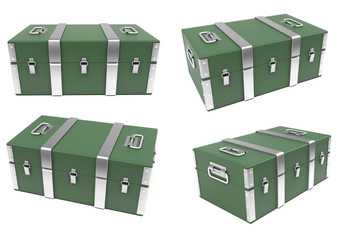 Green military box. Storage container. Collection. 3d rendering illustration isolated