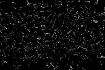 black self-tapping screws isolated on black - cute industrial 3D illustration, image for designer using