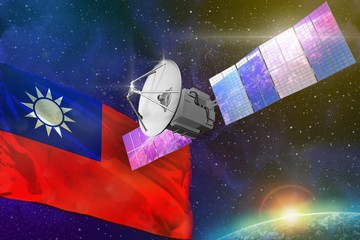 Space communications technology concept - satellite with Taiwan Province of China flag, 3D Illustration