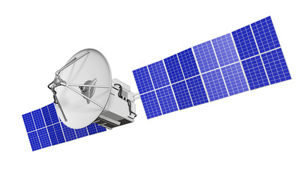 orbital satellite industrial illustration - spaceship with large sun panels isolated on white - 3D Illustration