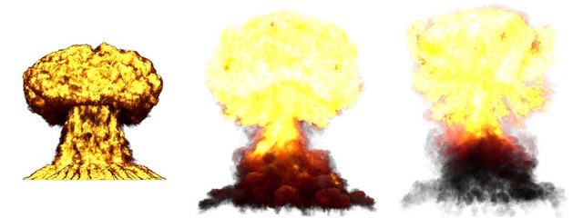 Obraz premium 3D illustration of explosion - 3 large highly detailed different phases mushroom cloud explosion of fusion bomb with smoke and fire isolated on white