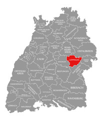 Goeppingen county red highlighted in map of Baden Wuerttemberg Germany