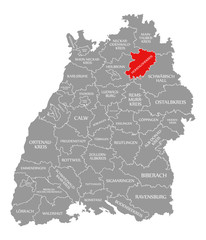 Hohenlohekreis county red highlighted in map of Baden Wuerttemberg Germany