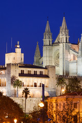 Fototapeta na wymiar Night view of the Cathedral of Palma Mallorca and the Almudaina Palace