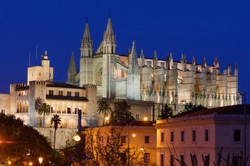 Night view of the Cathedral of Palma Mallorca and the Almudaina Palace