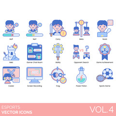 Fototapeta premium Esports icons including buff, nerf, carry, meta, noob, rekt, gamer chat room, ability, opponent search, game achievement, caster, screen recording, frag, power potion, sports.