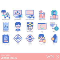 Esports icons including game developer, publisher, development, strategy, world rank gamer, mobile, VR, racing MMO, lag, ping, microtransaction, MGO, AGGRO, disqualified, ban.
