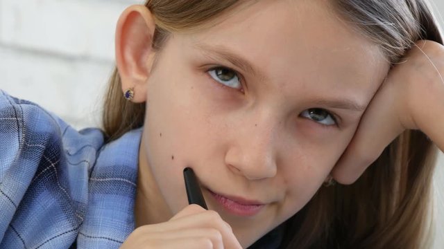 Child Studying on Tablet, Girl Writing in School Class, Learning Doing Homework