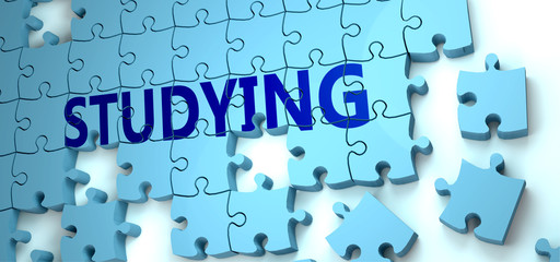 Studying puzzle - complexity, difficulty, problems and challenges of a complicated concept idea pictured as a jigsaw puzzle tiles with a English word, 3d illustration