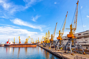 Lifting cargo cranes, ship and grain dryer in Sea Port of Odessa, Black Sea, Ukraine. Odessa Marine...