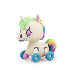 Baby toy unicorn on wheels on white background