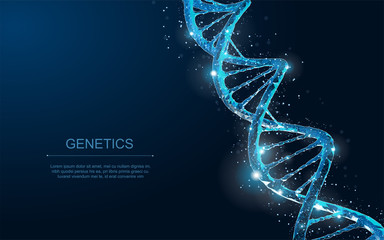 DNA. Abstract 3d polygonal wireframe DNA molecule helix spiral on blue. - obrazy, fototapety, plakaty