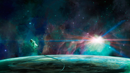 Space scene. Astronaut on rope with colorful nebula and planet. Elements furnished by NASA. 3D rendering