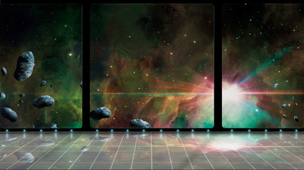 Space scene. 3D room with colorful nebula and asteroid. Elements furnished by NASA. 3D rendering