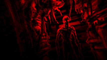 Dark zombie standing in corridor spaceship with blinking red light.