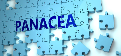 Panacea puzzle - complexity, difficulty, problems and challenges of a complicated concept idea pictured as a jigsaw puzzle tiles with a English word, 3d illustration