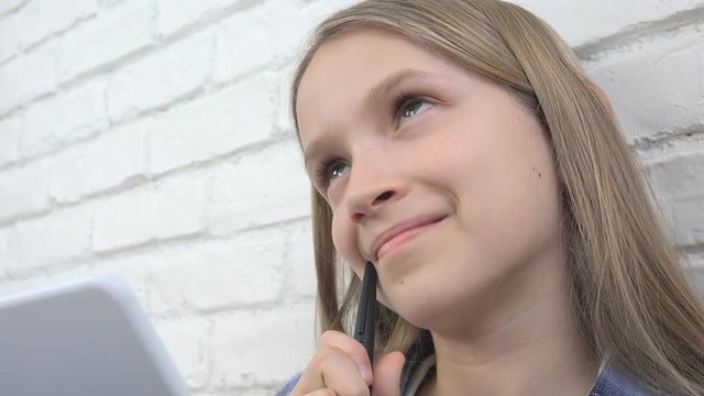 Child Studying on Tablet, Girl Writing in School Class, Learning Doing Homework