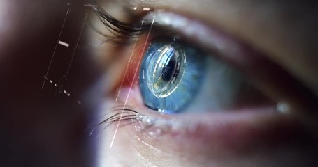 Slow motion of young male blue eye with high technology futuristic virtual reality for personal safety scanning. - Powered by Adobe