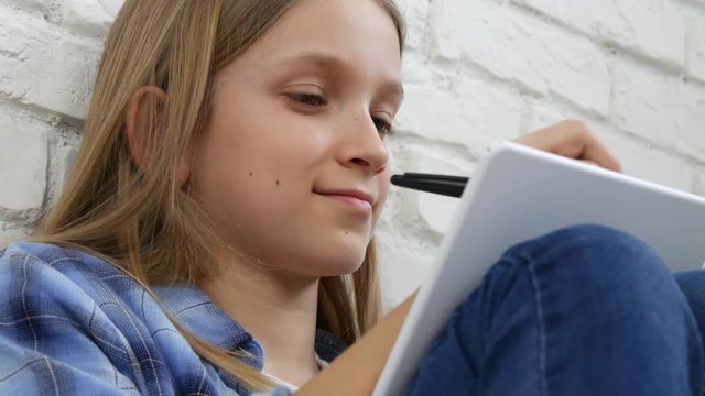 Child Studying on Tablet, Girl Writing in School Class, Learning Doing Homework