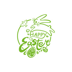 Happy Easter. Round green vector sticker with white jumping bunny and spring bird. Modern calligraphy Easter logo.