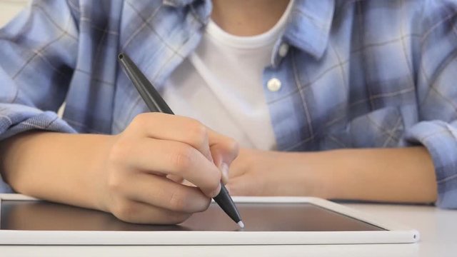 Child Studying on Tablet, Girl Writing in School Class, Learning Doing Homework
