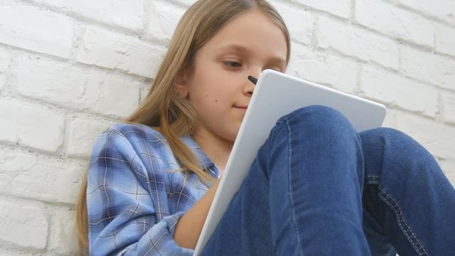 Child Studying on Tablet, Girl Writing in School Class, Learning Doing Homework