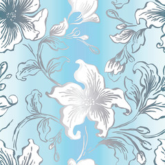 Light pale floral seamless pattern design project. Cold colors. Simple concept luxury floral and leaves seamless pattern for card, invitation, banner, web, banner, header, page, cover, billboard.