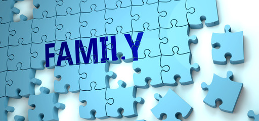 Family puzzle - complexity, difficulty, problems and challenges of a complicated concept idea pictured as a jigsaw puzzle tiles with a English word, 3d illustration