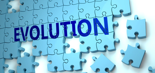 Evolution puzzle - complexity, difficulty, problems and challenges of a complicated concept idea pictured as a jigsaw puzzle tiles with a English word, 3d illustration