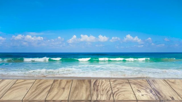 Wooden table beach sea background.