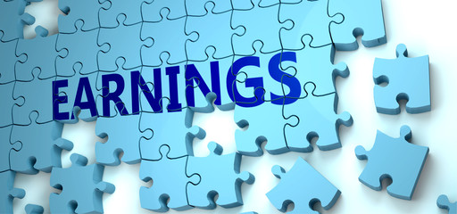 Earnings puzzle - complexity, difficulty, problems and challenges of a complicated concept idea pictured as a jigsaw puzzle tiles with a English word, 3d illustration
