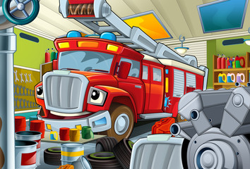 cartoon scene with garage and fireman vehicle - fireman car - illustration for children