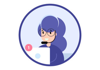 Woman in flat style in call center with one notification. Icon Woman talking on microphone with notebook. Vector 