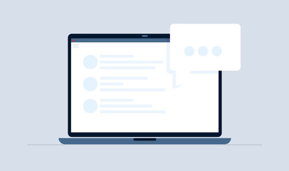 Online chatting with people icon on notebook. Flat style. Vector