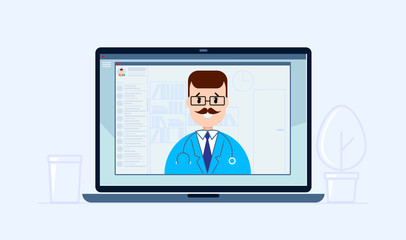  Online doctor consultation technology in laptop. Medical consultation concept in flat style. Doctor talking with patient. Vector 